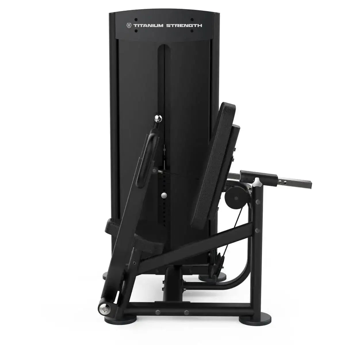 Titanium Strength Black Series Vertikale Brustpresse: Ansicht von hinten mit Gewichtsturm und seitlichen Griffen, in Schwarz