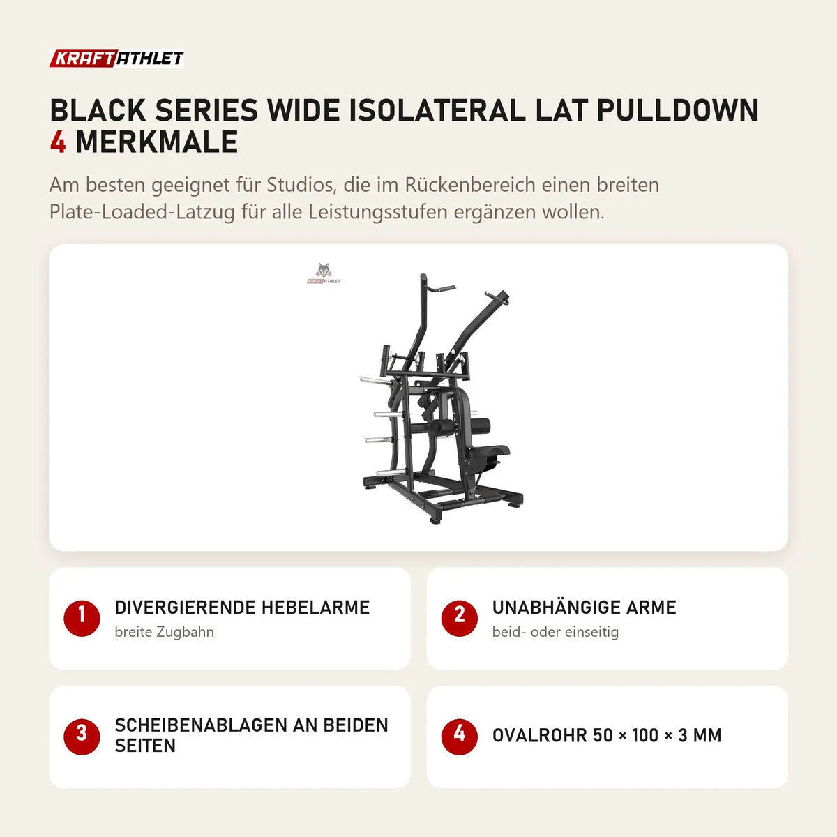 Titanium Strength Black Series Wide IsoLateral Lat Pulldown mit 4 Merkmalen: Divergierende Hebelarme, Unabhängige Arme, Scheibenablagen an beiden Seiten, Ovalrohr 50 × 100 × 3 mm