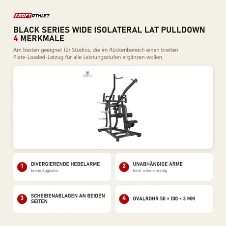 Titanium Strength Black Series Wide IsoLateral Lat Pulldown mit 4 Merkmalen: Divergierende Hebelarme, Unabhängige Arme, Scheibenablagen an beiden Seiten, Ovalrohr 50 × 100 × 3 mm
