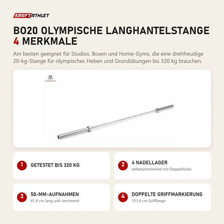 Titanium Strength BO20 Olympische Langhantelstange mit 4 Merkmalen: Getestet bis 320 kg, 4 Nadellager, 50-mm-Aufnahmen, Doppelte Griffmarkierung