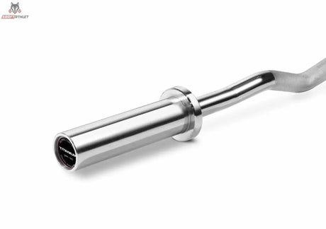 Titanium Strength BOZ20 Olympia SZ-Stange, Nahaufnahme der verchromten Hantelscheiben-Aufnahme und des Endes