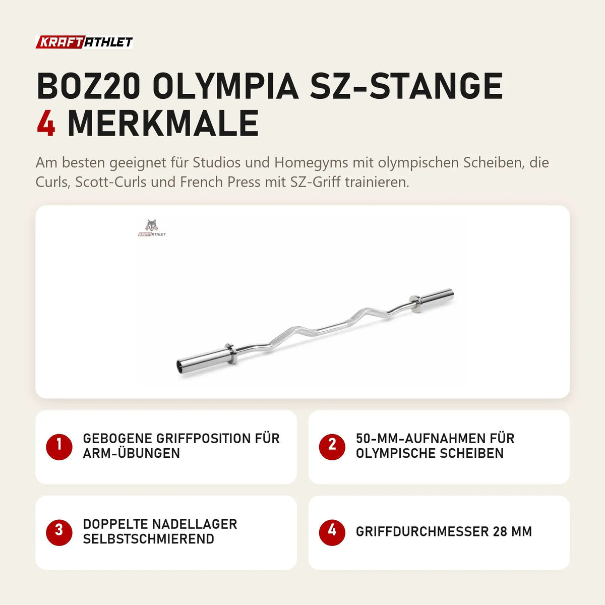 Titanium Strength BOZ20 Olympia SZ-Stange mit 4 Merkmalen: Gebogene Griffposition für Arm-Übungen, 50-mm-Aufnahmen für olympische Scheiben, Doppelte Nadellager selbstschmierend, Griffdurchmesser 28 mm