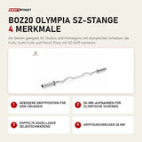 Titanium Strength BOZ20 Olympia SZ-Stange mit 4 Merkmalen: Gebogene Griffposition für Arm-Übungen, 50-mm-Aufnahmen für olympische Scheiben, Doppelte Nadellager selbstschmierend, Griffdurchmesser 28 mm