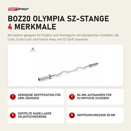 Titanium Strength BOZ20 Olympia SZ-Stange mit 4 Merkmalen: Gebogene Griffposition für Arm-Übungen, 50-mm-Aufnahmen für olympische Scheiben, Doppelte Nadellager selbstschmierend, Griffdurchmesser 28 mm