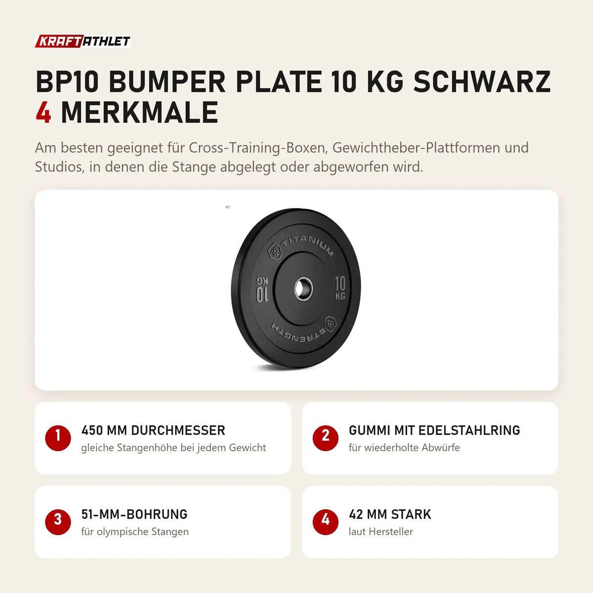 Titanium Strength BP10 Bumper Plate 10 kg schwarz mit 4 Merkmalen: 450 mm Durchmesser, Gummi mit Edelstahlring, 51-mm-Bohrung, 42 mm stark