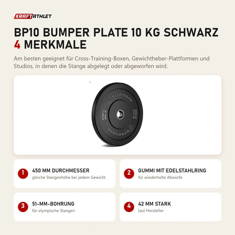 Titanium Strength BP10 Bumper Plate 10 kg schwarz mit 4 Merkmalen: 450 mm Durchmesser, Gummi mit Edelstahlring, 51-mm-Bohrung, 42 mm stark