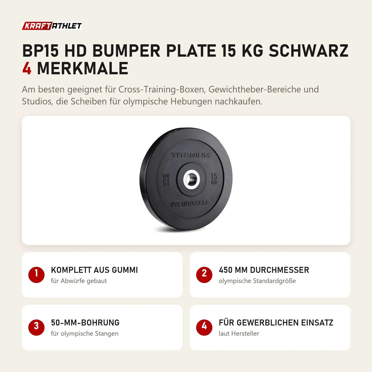 Titanium Strength BP15 HD Bumper Plate 15 kg schwarz mit 4 Merkmalen: Komplett aus Gummi, 450 mm Durchmesser, 50-mm-Bohrung, Für gewerblichen Einsatz