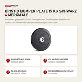 Titanium Strength BP15 HD Bumper Plate 15 kg schwarz mit 4 Merkmalen: Komplett aus Gummi, 450 mm Durchmesser, 50-mm-Bohrung, Für gewerblichen Einsatz