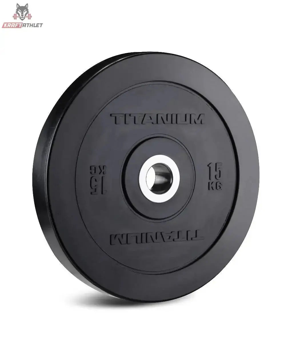 Titanium Strength BP15 HD Bumper Plate 15 kg schwarz in der Schrägansicht mit Stahlring in der Mitte, freigestellt auf weißem Hintergrund
