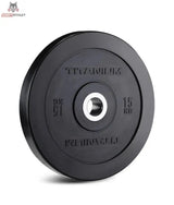 Titanium Strength BP15 HD Bumper Plate 15 kg schwarz in der Schrägansicht mit Stahlring in der Mitte, freigestellt auf weißem Hintergrund