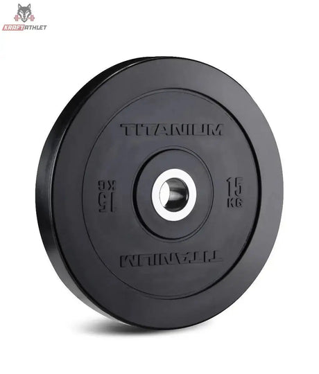 Titanium Strength BP15 HD Bumper Plate 15 kg schwarz in der Schrägansicht mit Stahlring in der Mitte, freigestellt auf weißem Hintergrund