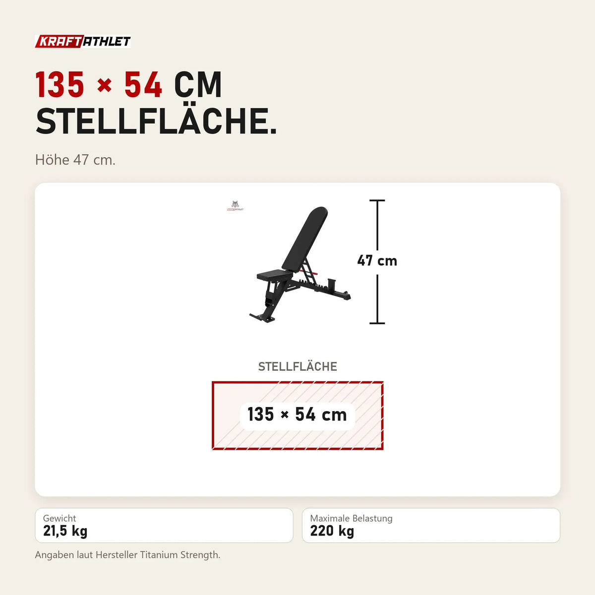 Maßbild Titanium Strength BSB Verstellbare FID Hantelbank: Stellfläche 135 × 54 cm, Höhe 47 cm