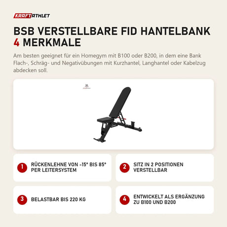Titanium Strength BSB Verstellbare FID Hantelbank mit 4 Merkmalen: Rückenlehne von -15° bis 85° per Leitersystem, Sitz in 2 Positionen verstellbar, Belastbar bis 220 kg, Entwickelt als Ergänzung zu B100 und B200