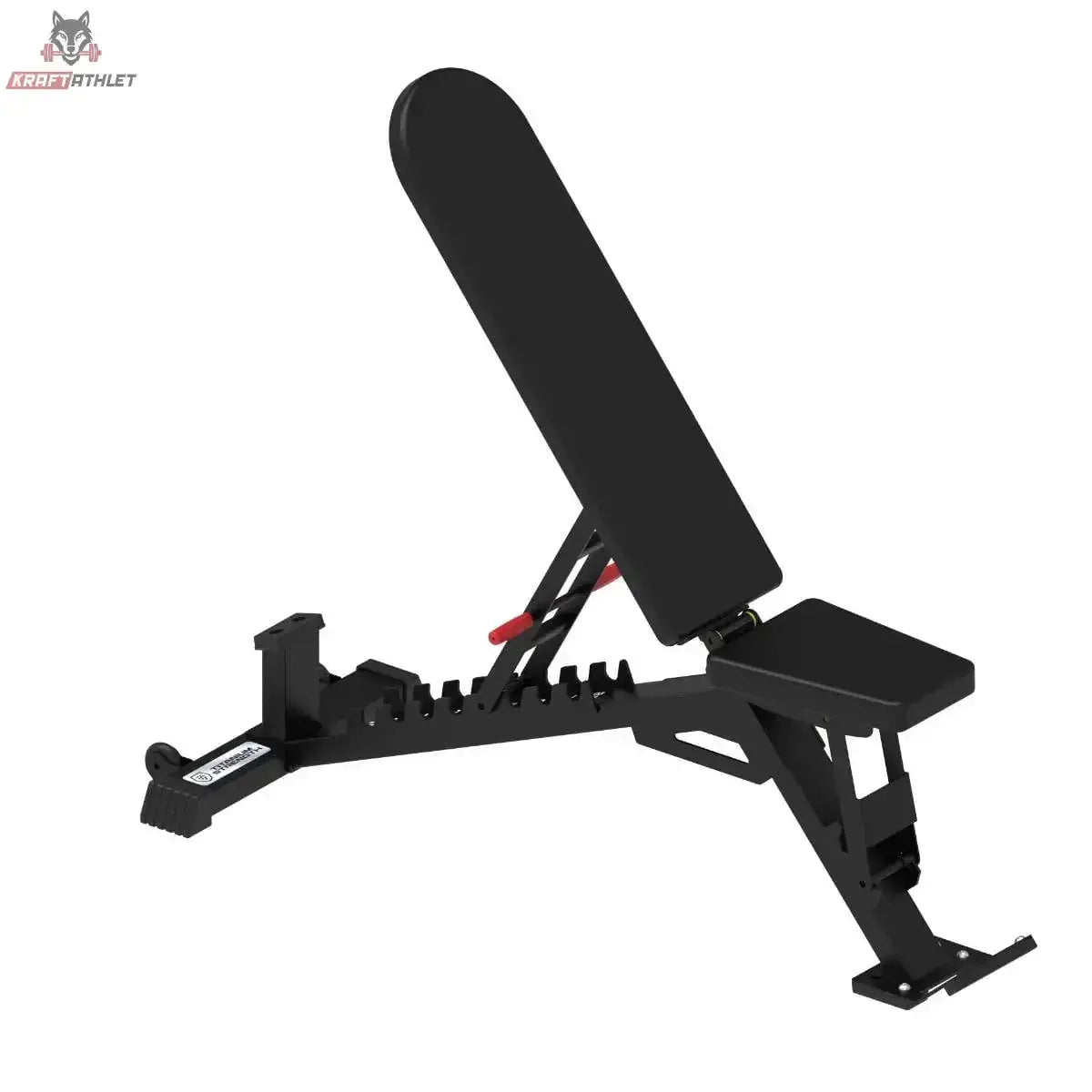 Titanium Strength BSB Verstellbare FID Hantelbank, Schrägansicht von hinten mit Rastleiste und roten Verstellgriffen