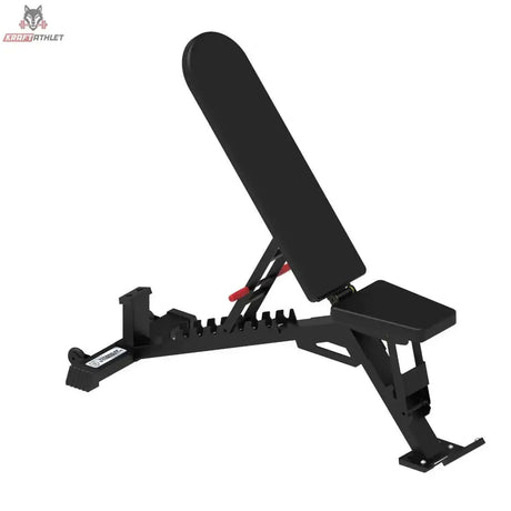 Titanium Strength BSB Verstellbare FID Hantelbank, Schrägansicht von hinten mit Rastleiste und roten Verstellgriffen