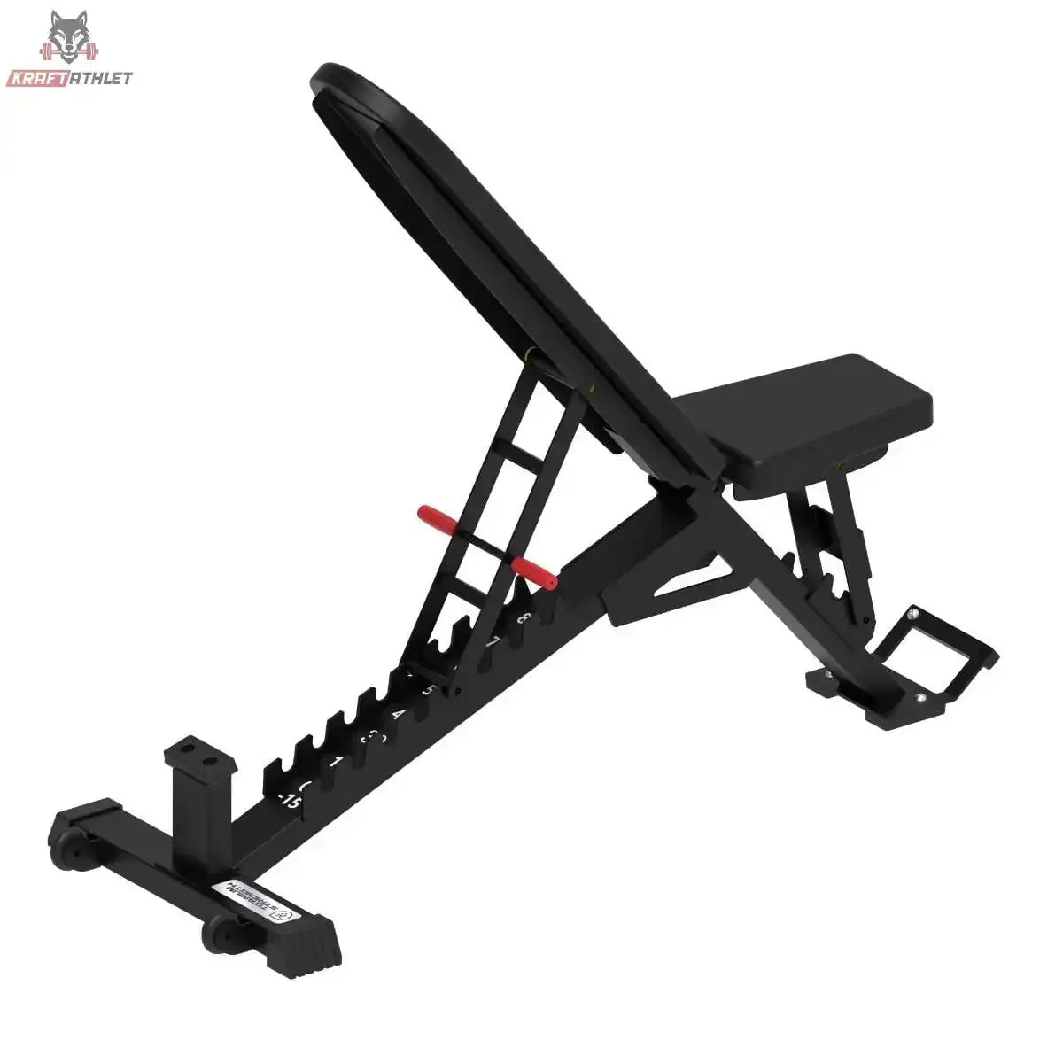 Titanium Strength BSB Verstellbare FID Hantelbank von der Seite mit steil gestellter Lehne und Transportrollen