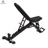 Titanium Strength BSB Verstellbare FID Hantelbank von der Seite mit steil gestellter Lehne und Transportrollen