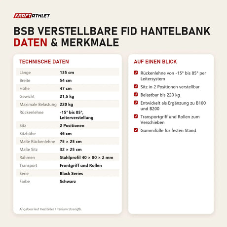 Technische Daten und Merkmale von Titanium Strength BSB Verstellbare FID Hantelbank als Tabelle
