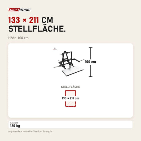 Maßbild Titanium Strength BSQ80 Belt Squat: Stellfläche 133 × 211 cm, Höhe 100 cm