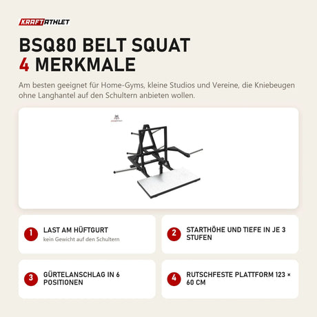 Titanium Strength BSQ80 Belt Squat mit 4 Merkmalen: Last am Hüftgurt, Starthöhe und Tiefe in je 3 Stufen, Gürtelanschlag in 6 Positionen, Rutschfeste Plattform 123 × 60 cm