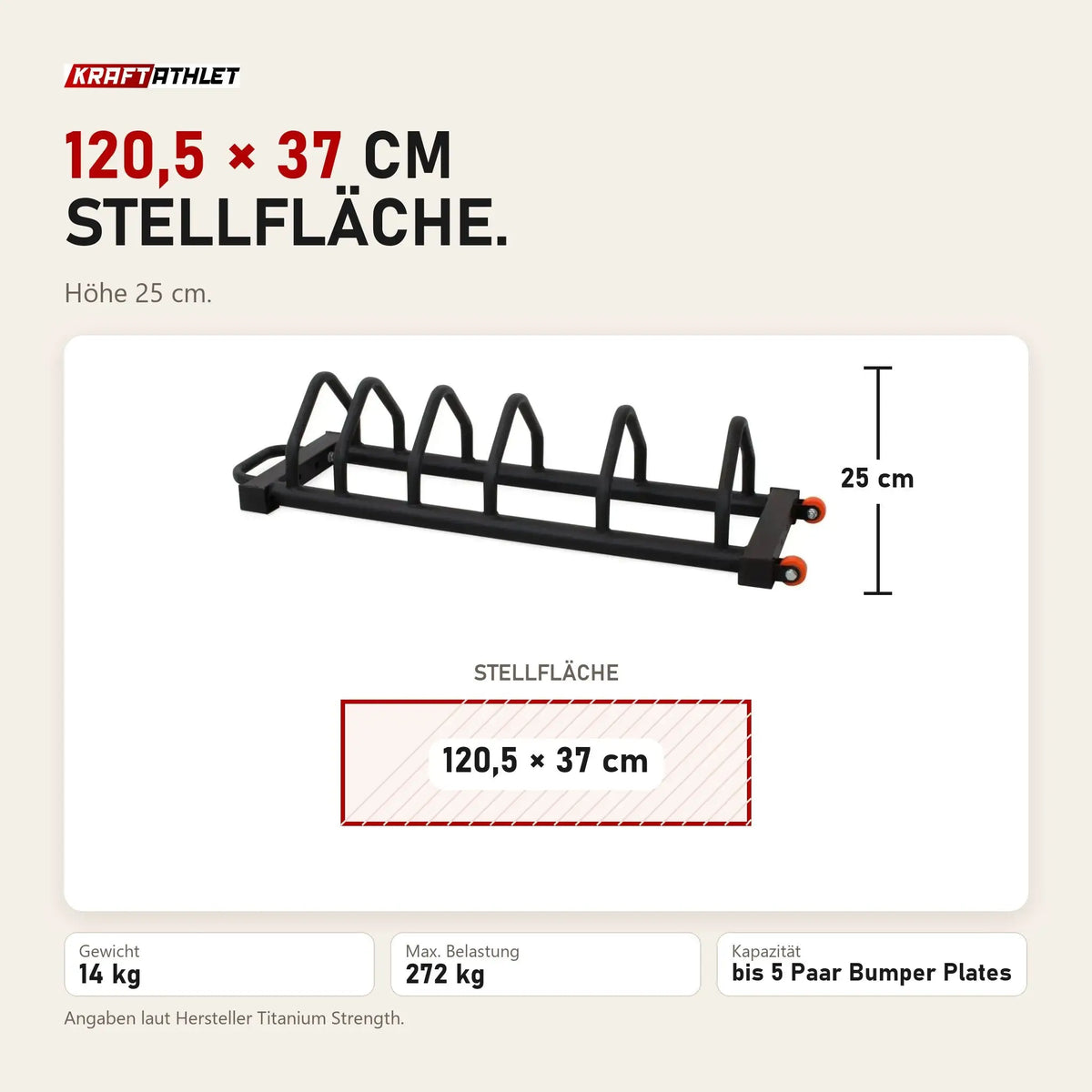 Maßbild Titanium Strength Bumper-Plattenständer Deluxe BR5: Stellfläche 120,5 × 37 cm, Höhe 25 cm