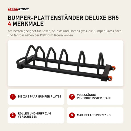 Titanium Strength Bumper-Plattenständer Deluxe BR5 mit 4 Merkmalen: Bis zu 5 Paar Bumper Plates, Vollständig verschweißter Stahl, Rollen und Griff zum Verschieben, Max. Belastung 272 kg