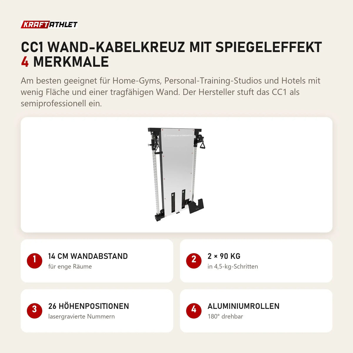 Titanium Strength CC1 Wand-Kabelkreuz mit Spiegeleffekt mit 4 Merkmalen: 14 cm Wandabstand, 2 × 90 kg, 26 Höhenpositionen, Aluminiumrollen