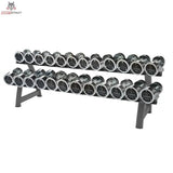 Titanium Strength Chrom-Kurzhantelset 2,5–30 kg mit Rack auf zweistöckigem Hantelständer, Seitenansicht