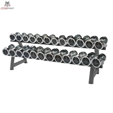 Titanium Strength Chrom-Kurzhantelset 2,5–30 kg mit Rack auf zweistöckigem Hantelständer, Seitenansicht