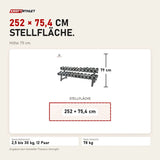Maßbild Titanium Strength Chrom-Kurzhantelset 2,5–30 kg mit Rack: Stellfläche 252 × 75,4 cm, Höhe 79 cm
