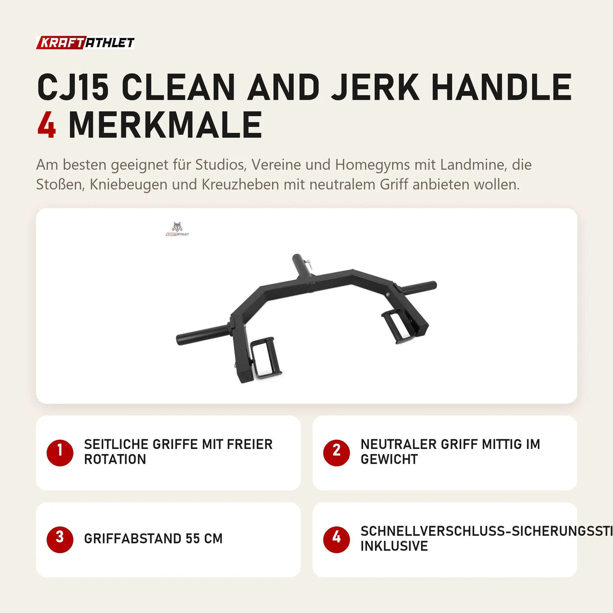 Titanium Strength CJ15 Clean and Jerk Handle mit 4 Merkmalen: Seitliche Griffe mit freier Rotation, Neutraler Griff mittig im Gewicht, Griffabstand 55 cm, Schnellverschluss-Sicherungsstift inklusive