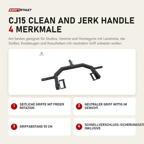Titanium Strength CJ15 Clean and Jerk Handle mit 4 Merkmalen: Seitliche Griffe mit freier Rotation, Neutraler Griff mittig im Gewicht, Griffabstand 55 cm, Schnellverschluss-Sicherungsstift inklusive