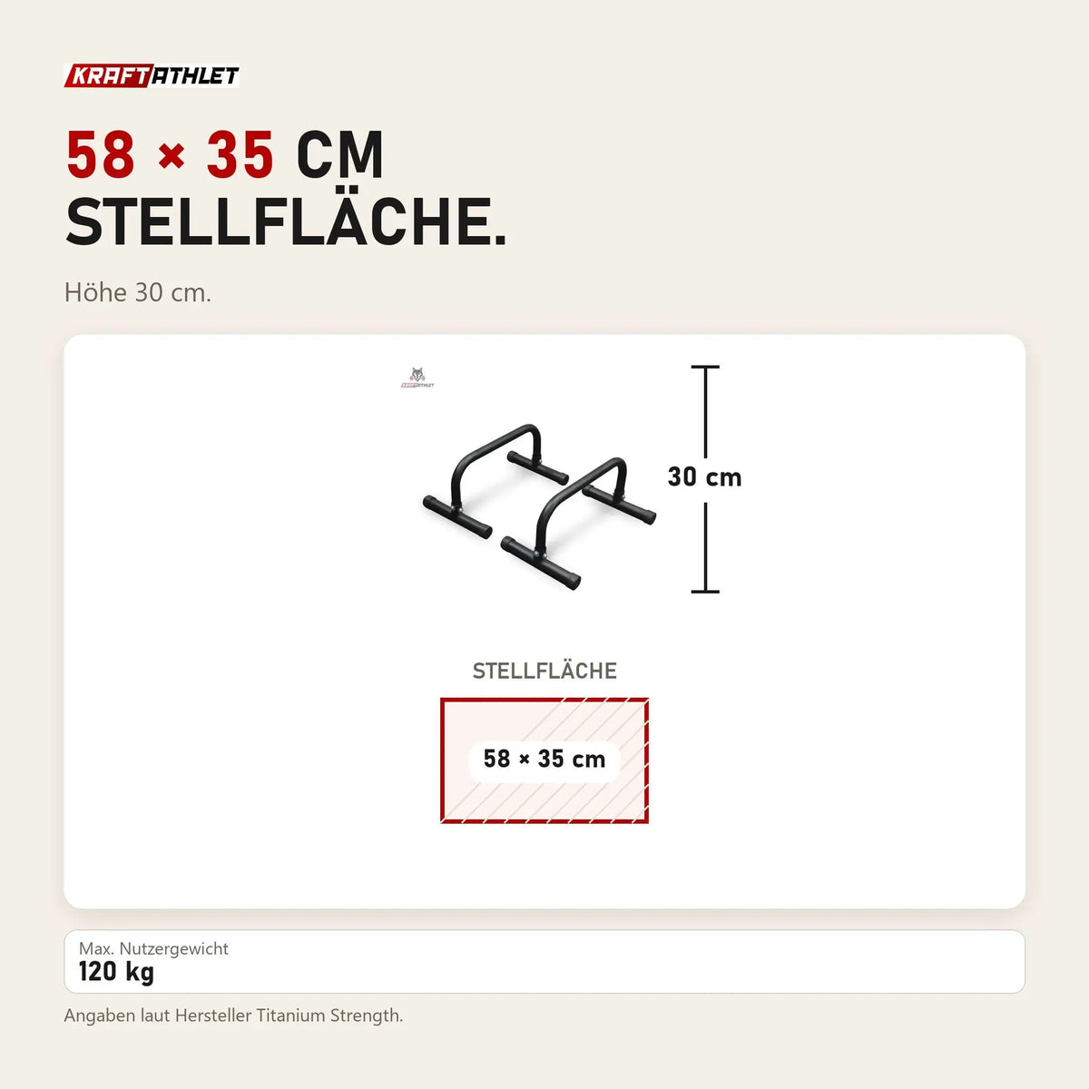 Maßbild Titanium Strength CPB Parallel-Bars: Stellfläche 58 × 35 cm, Höhe 30 cm