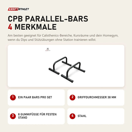 Titanium Strength CPB Parallel-Bars mit 4 Merkmalen: Ein Paar Bars pro Set, Griffdurchmesser 38 mm, 8 Gummifüße für festen Stand, Stahl