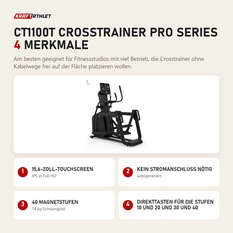 Titanium Strength CT1100T Crosstrainer Pro Series mit 4 Merkmalen: 15,6-Zoll-Touchscreen, Kein Stromanschluss nötig, 40 Magnetstufen, Direkttasten für die Stufen 10 und 20 und 30 und 40