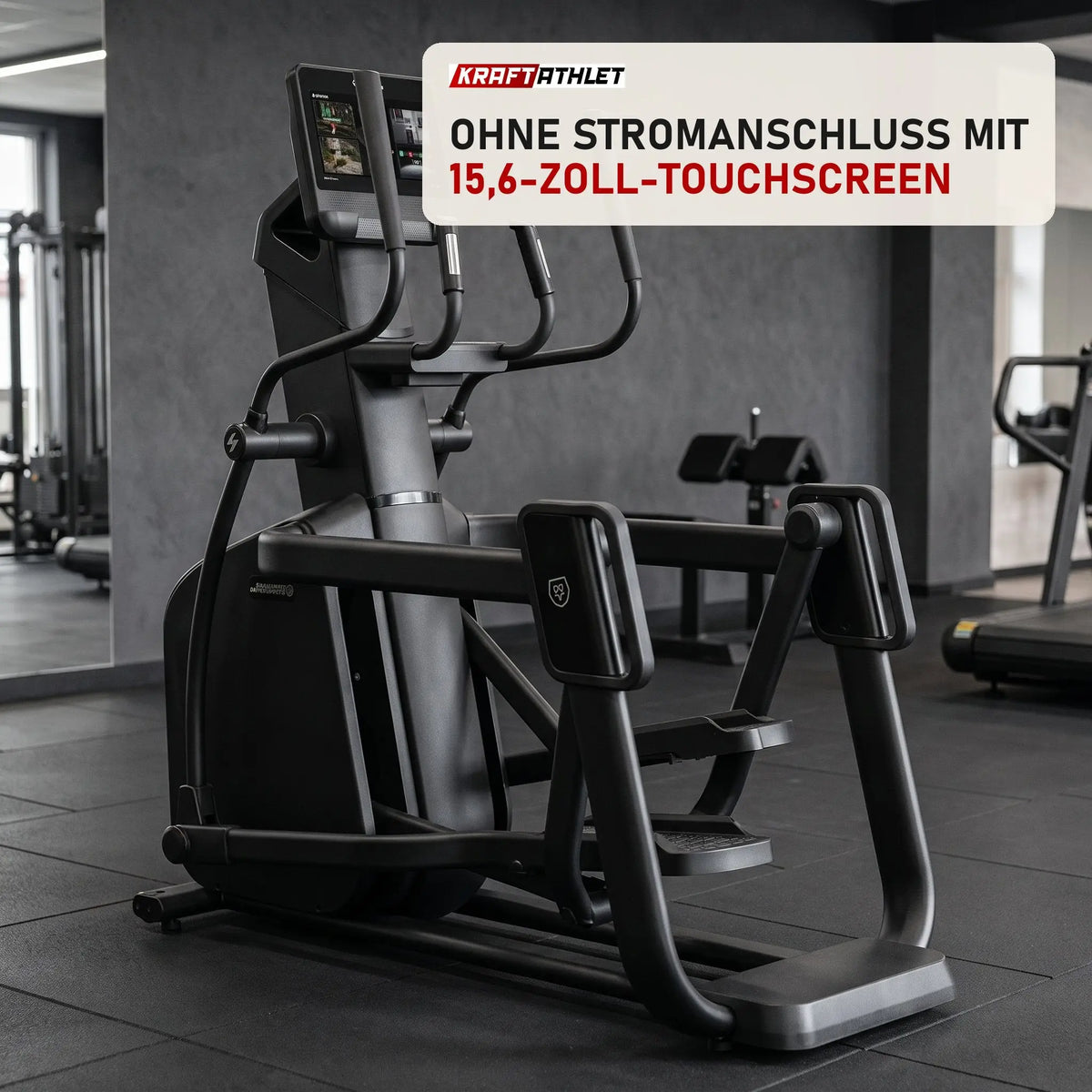 Titanium Strength CT1100T Crosstrainer Pro Series in einem fertig eingerichteten Studio mit dunklen Wänden und Gummiboden