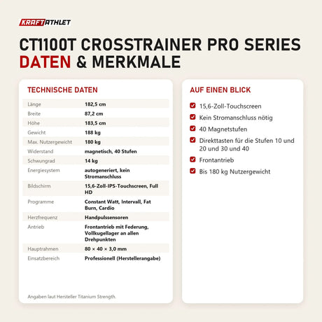 Technische Daten und Merkmale von Titanium Strength CT1100T Crosstrainer Pro Series als Tabelle