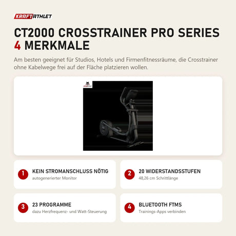 Titanium Strength CT2000 Crosstrainer Pro Series mit 4 Merkmalen: Kein Stromanschluss nötig, 20 Widerstandsstufen, 23 Programme, Bluetooth FTMS
