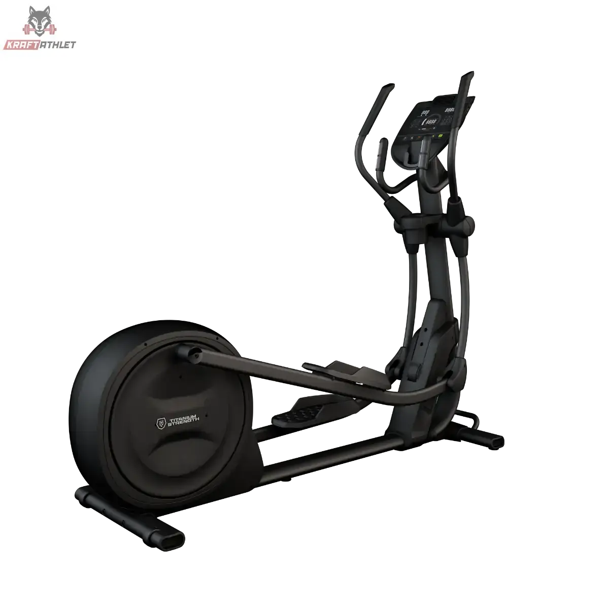Titanium Strength CT2000 Crosstrainer Pro Series in Schrägansicht von hinten mit Griffen und Konsole