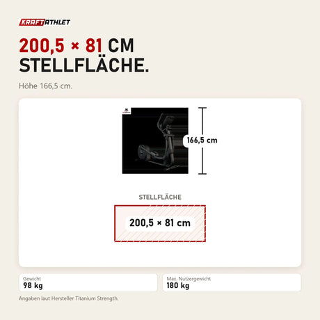 Maßbild Titanium Strength CT2000T Crosstrainer mit Touchscreen: Stellfläche 200,5 × 81 cm, Höhe 166,5 cm