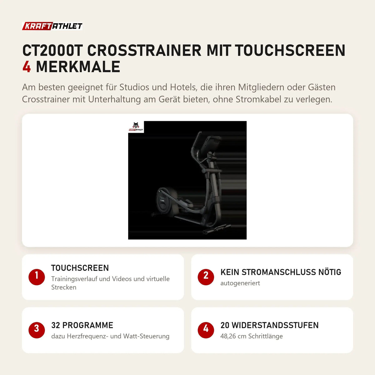 Titanium Strength CT2000T Crosstrainer mit Touchscreen mit 4 Merkmalen: Touchscreen, Kein Stromanschluss nötig, 32 Programme, 20 Widerstandsstufen