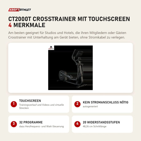 Titanium Strength CT2000T Crosstrainer mit Touchscreen mit 4 Merkmalen: Touchscreen, Kein Stromanschluss nötig, 32 Programme, 20 Widerstandsstufen