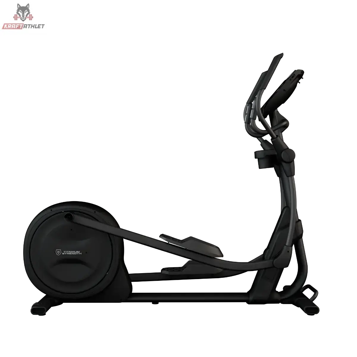 Titanium Strength CT2000T Crosstrainer mit Touchscreen in Schwarz, Seitenansicht von links mit Schwungradgehäuse