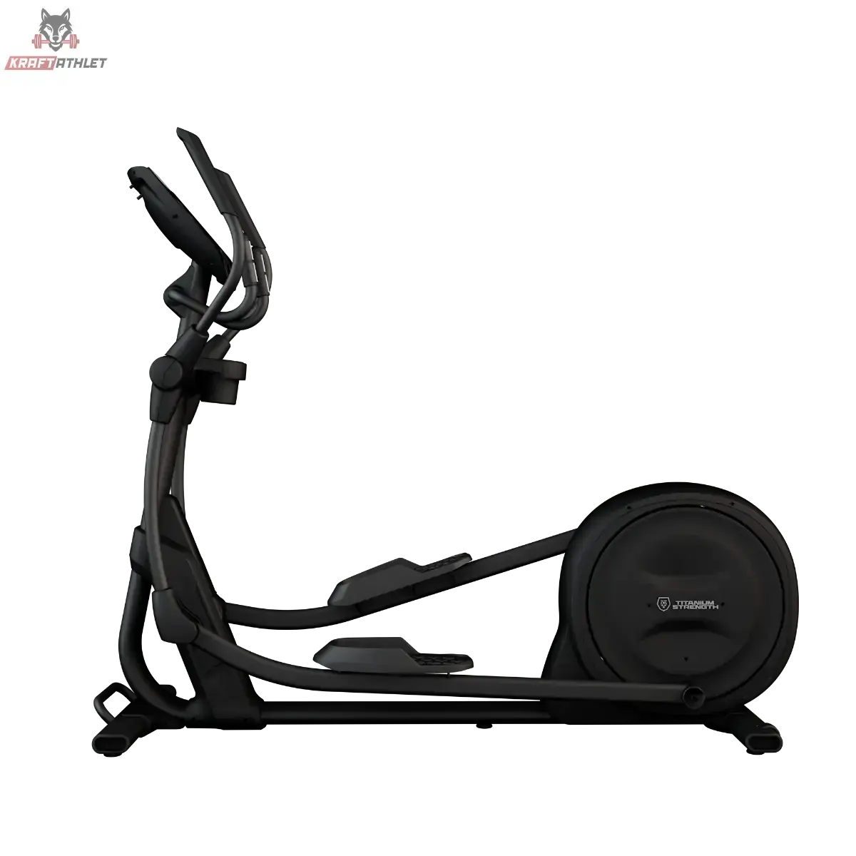 Titanium Strength CT2000T Crosstrainer mit Touchscreen in Schwarz, Seitenansicht von rechts mit Griffen und Pedalen