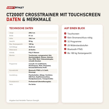 Technische Daten und Merkmale von Titanium Strength CT2000T Crosstrainer mit Touchscreen als Tabelle