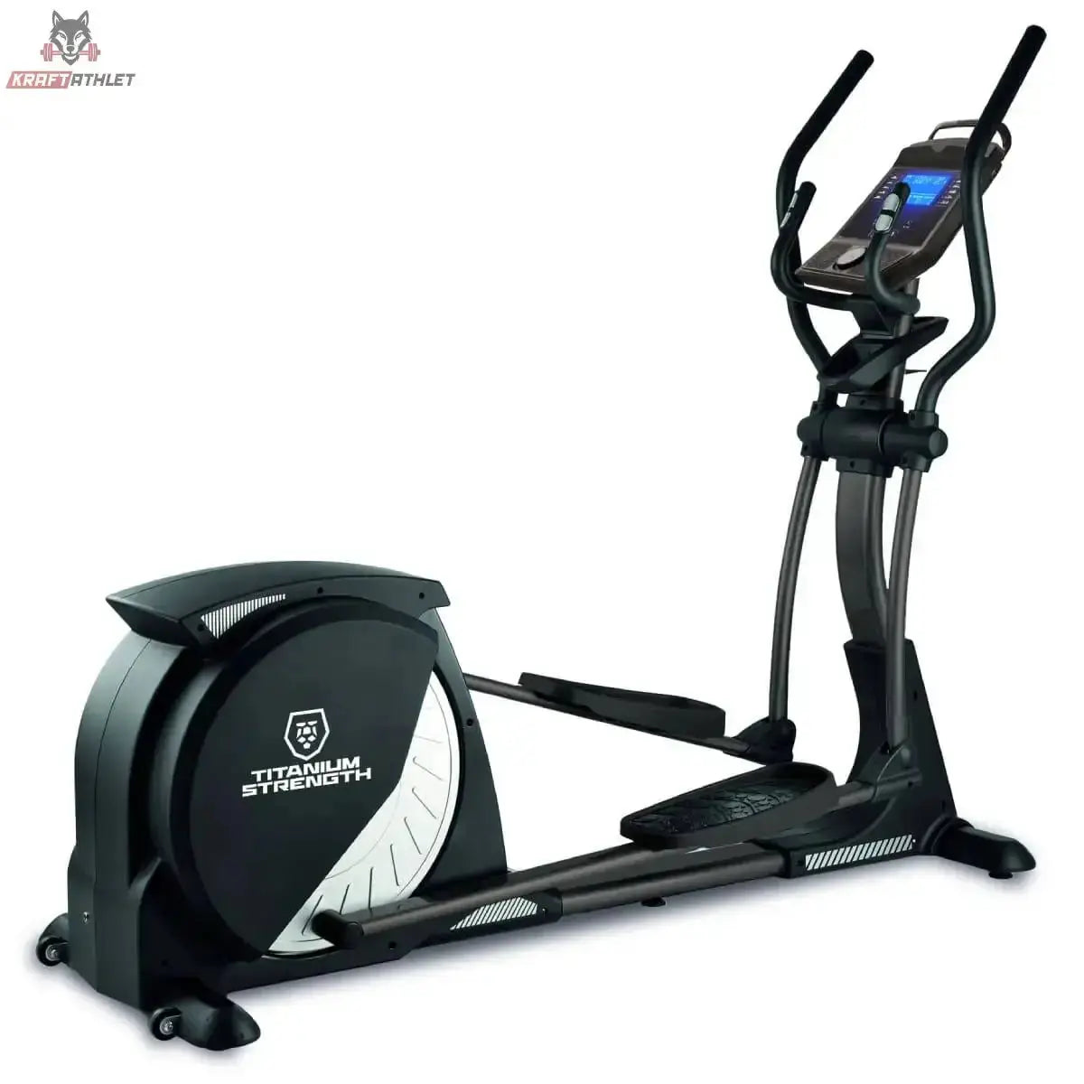 Titanium Strength CT900 LCD Crosstrainer Performance Series in Schwarz, Schrägansicht mit Griffen und Schwungrad