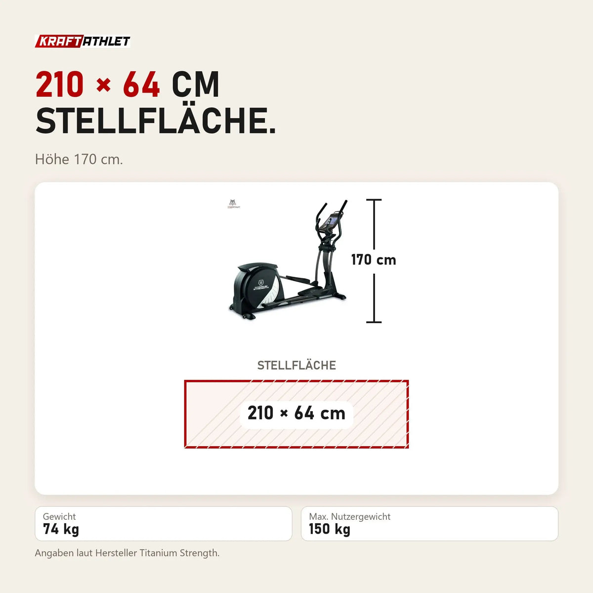 Maßbild Titanium Strength CT900 TFT Crosstrainer Performance Series: Stellfläche 210 × 64 cm, Höhe 170 cm