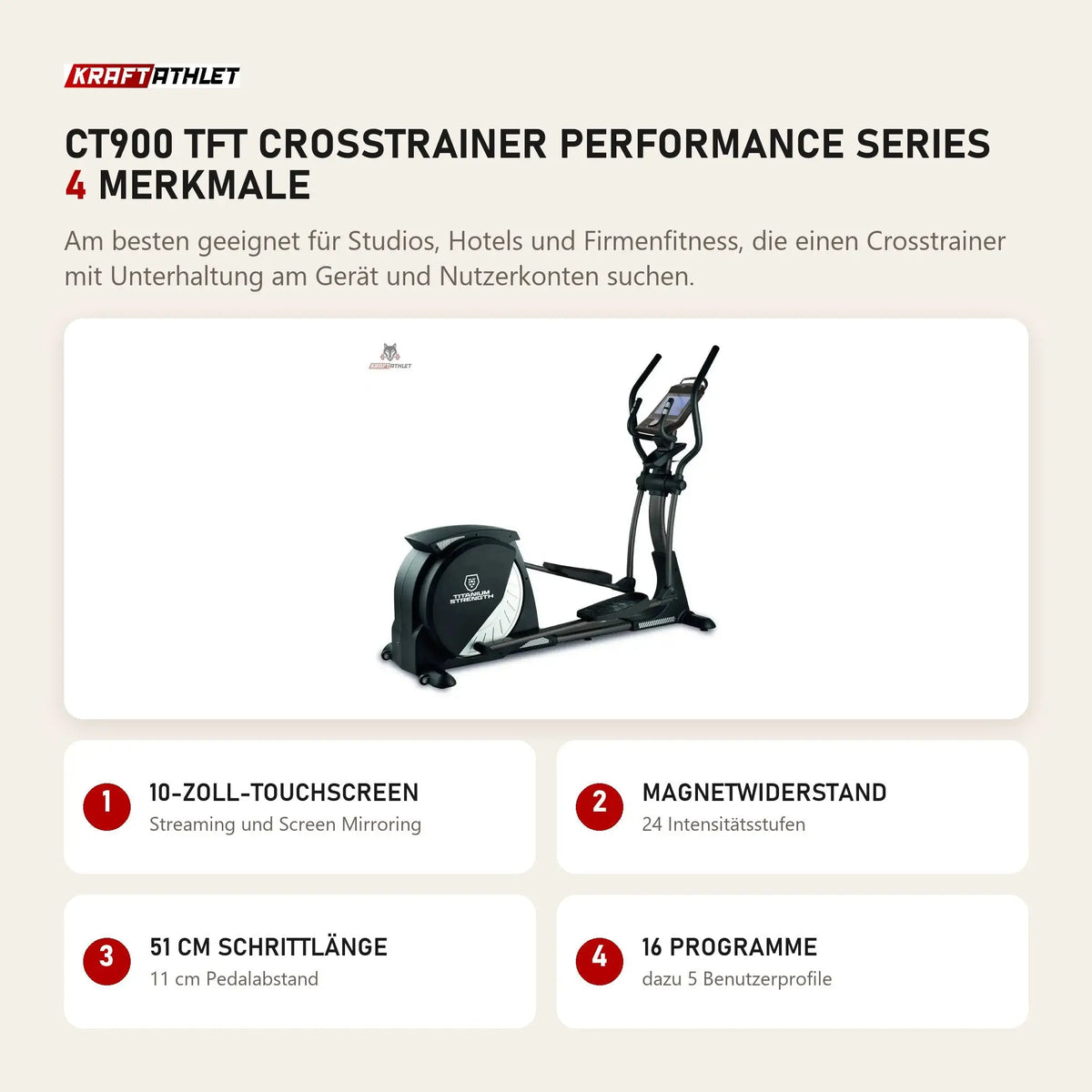 Titanium Strength CT900 TFT Crosstrainer Performance Series mit 4 Merkmalen: 10-Zoll-Touchscreen, Magnetwiderstand, 51 cm Schrittlänge, 16 Programme