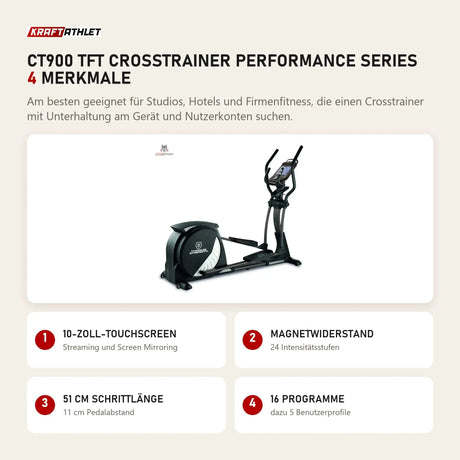 Titanium Strength CT900 TFT Crosstrainer Performance Series mit 4 Merkmalen: 10-Zoll-Touchscreen, Magnetwiderstand, 51 cm Schrittlänge, 16 Programme