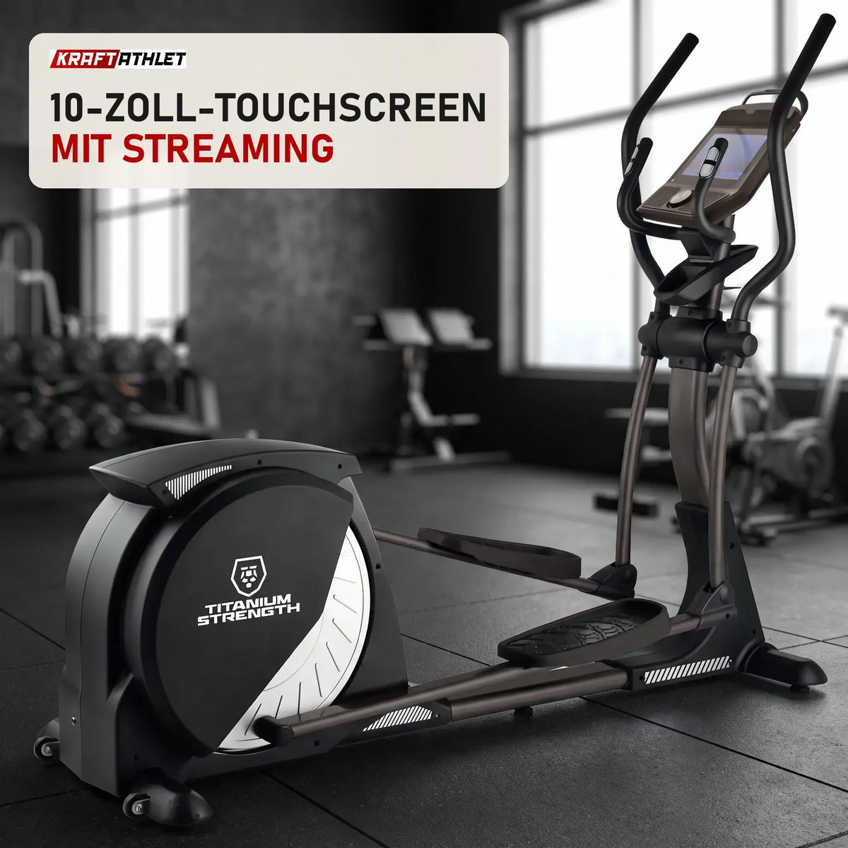 Titanium Strength CT900 TFT Crosstrainer Performance Series in einem fertig eingerichteten Studio mit dunklen Wänden und Gummiboden
